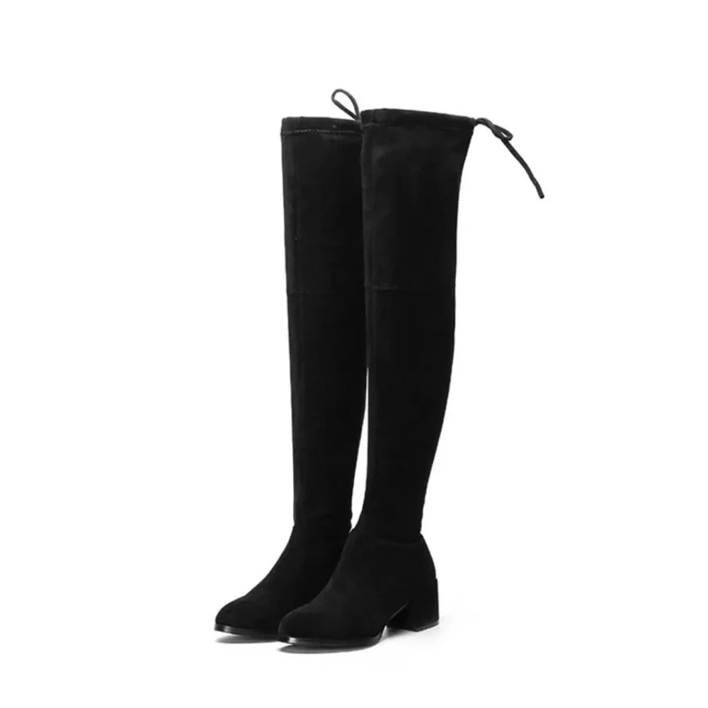 Black Faux Suede Over The Knee Block Heel Boot 6.5